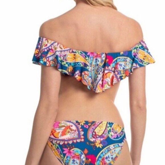 TRINA TURK Off-the-Shoulder Moroccan Paisley Print Bikini Top Dark Teal 10 NWOT - Picture 4 of 12